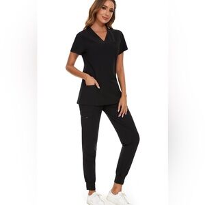 COZYFIT Scrubs for Women Set - Stretch V-Neck Top & Jogger Pant with 8 Pockets